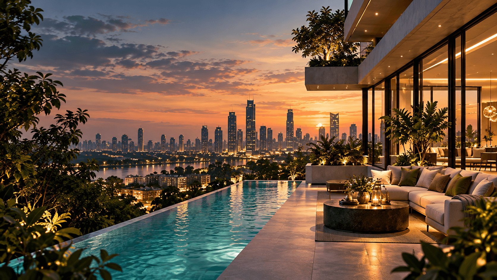 Luxury residence overlooking a city skyline at sunset